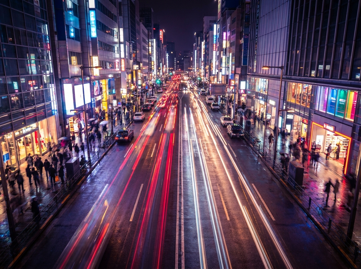 A bustling city street at night, representing a hub for R&B events.