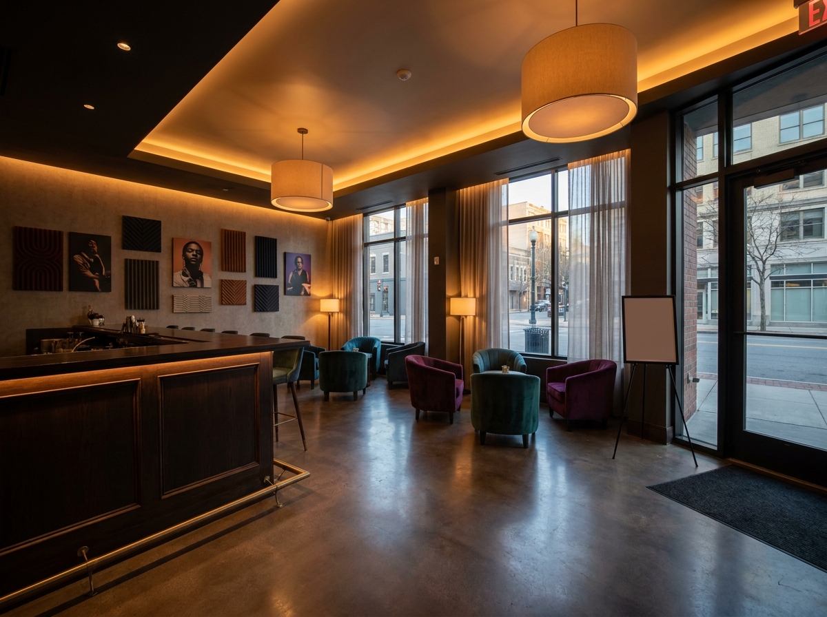 The sleek, empty entrance of a music venue, prepared for an R&B event.