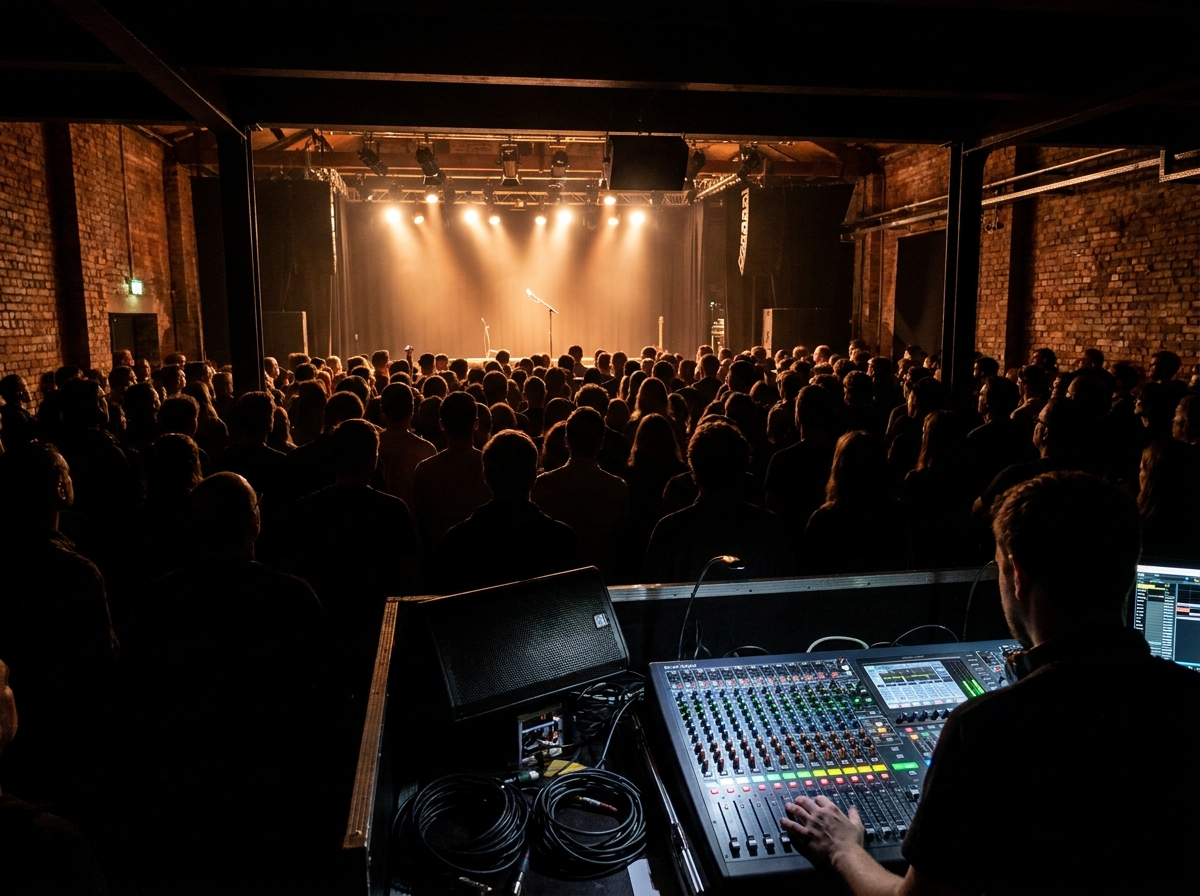 A view from the back of a music venue, looking toward the stage for an R&B performance.