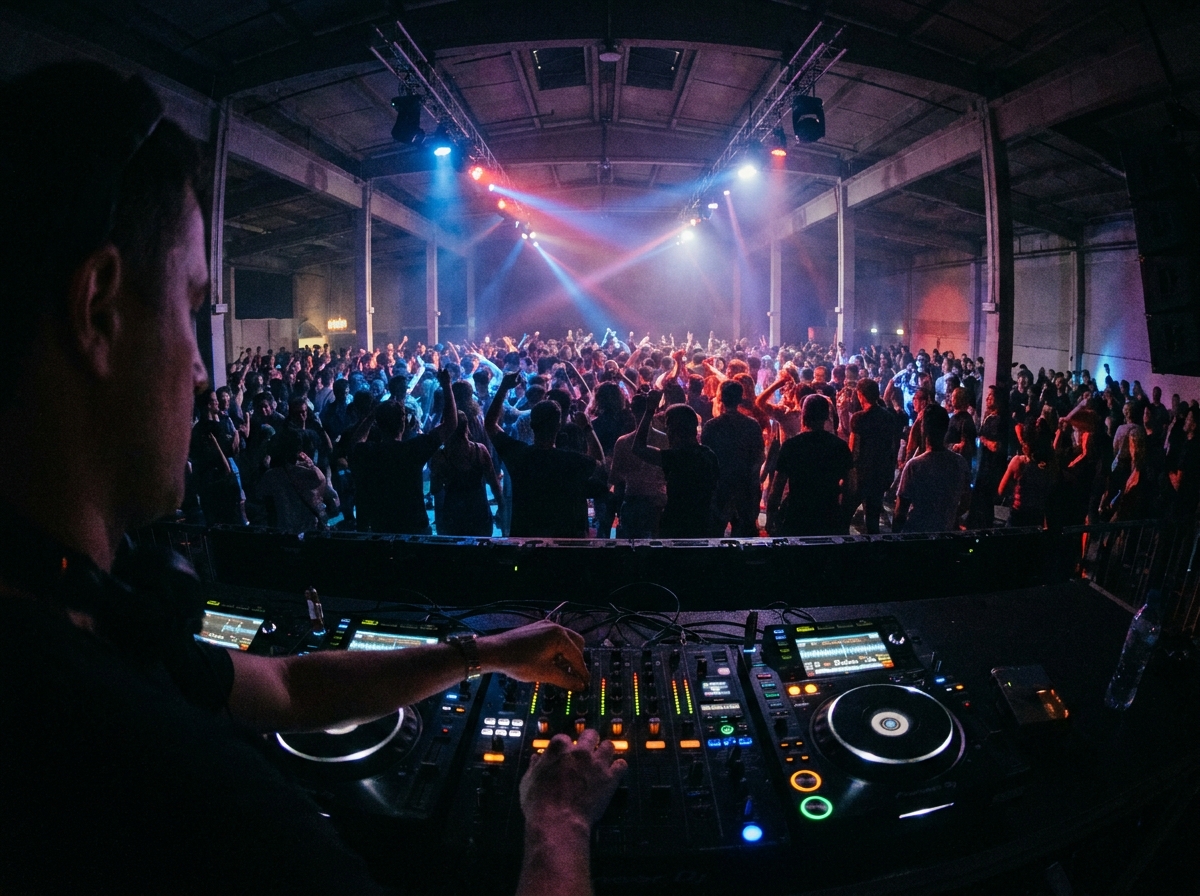 A DJ performing for a large crowd at a rave event.