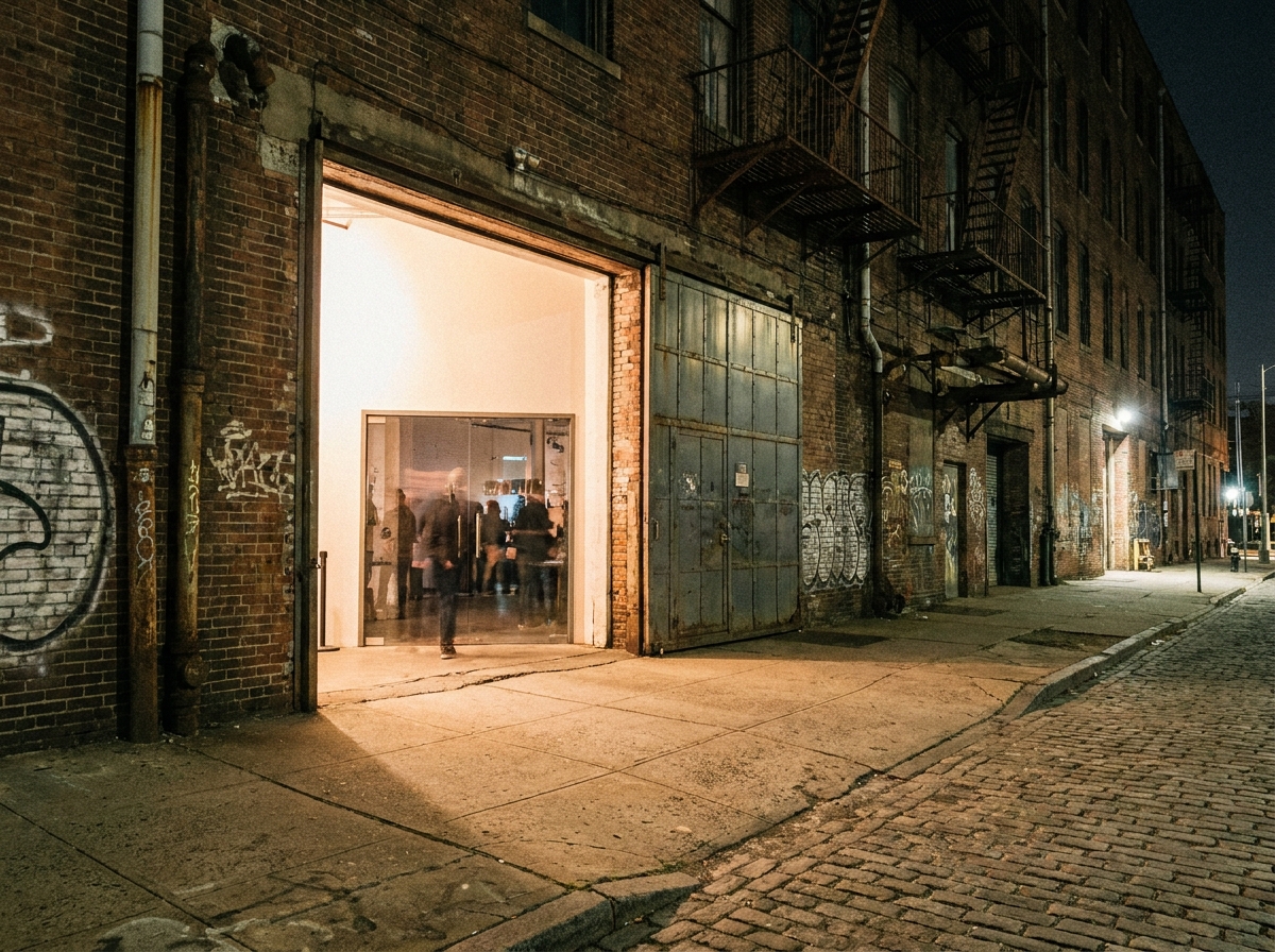 The entrance to an underground party at a warehouse.