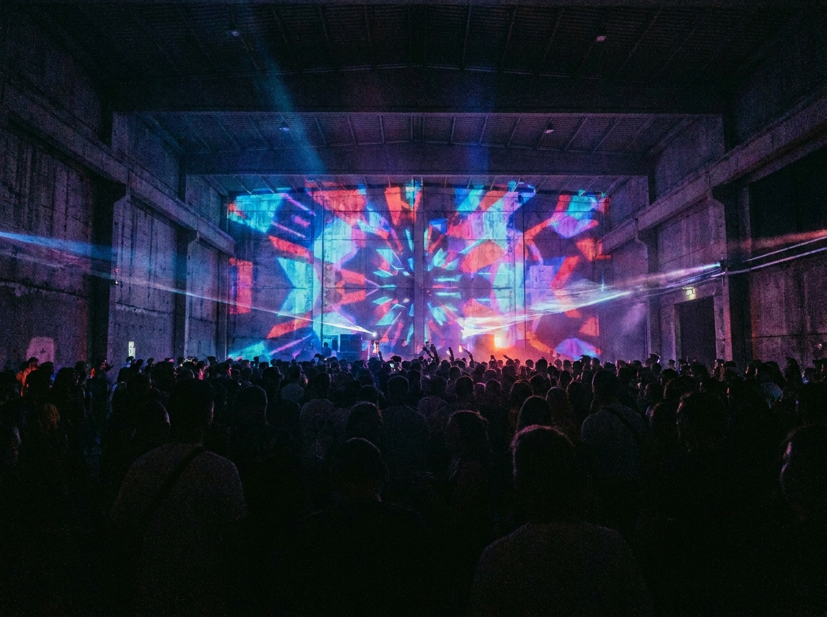 Visual light projections at an underground electronic music event.