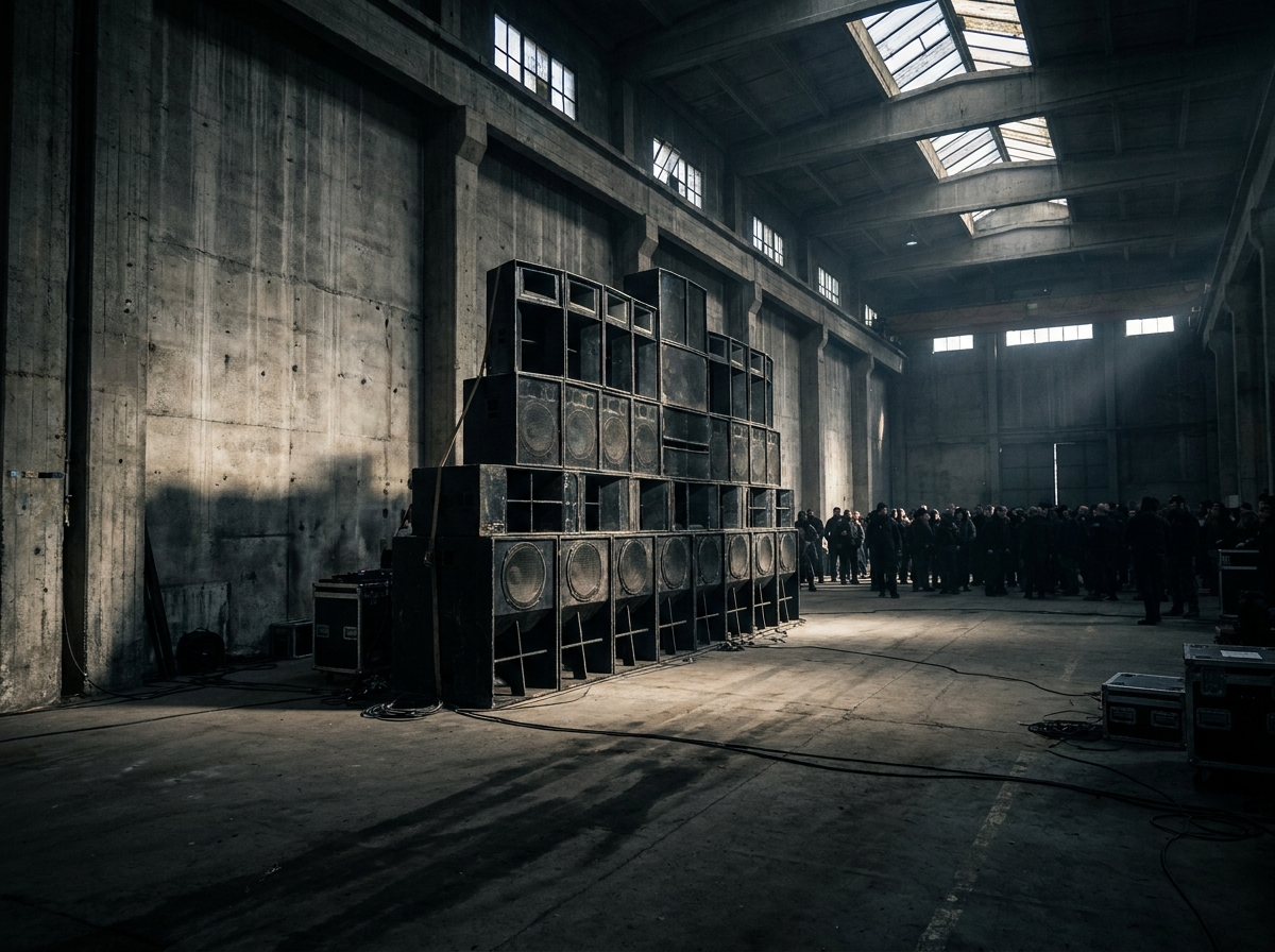 A large sound system set up for a warehouse rave.