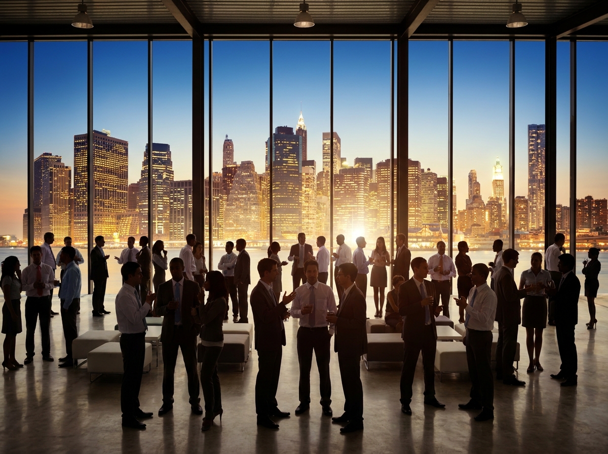 Professionals networking at a corporate real estate event.