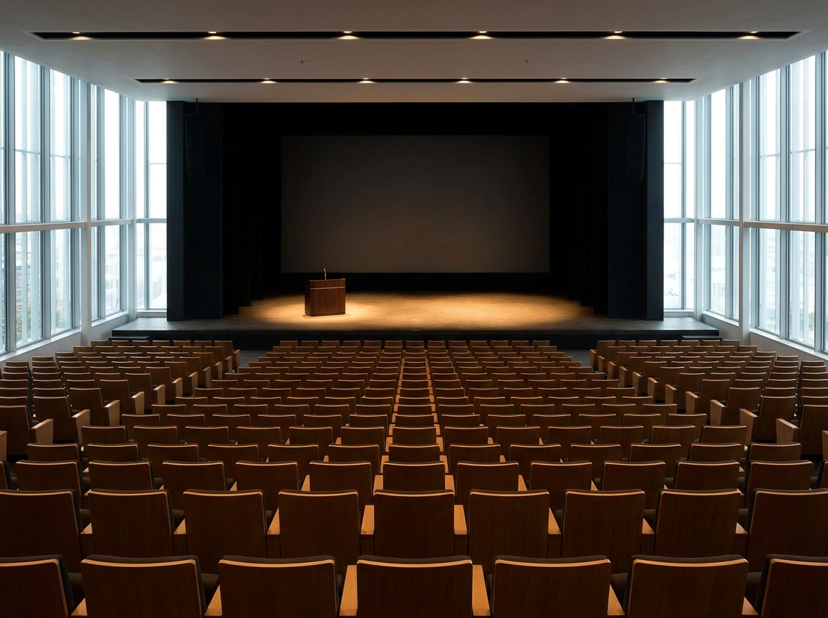 An empty auditorium prepared for a real estate seminar presentation.