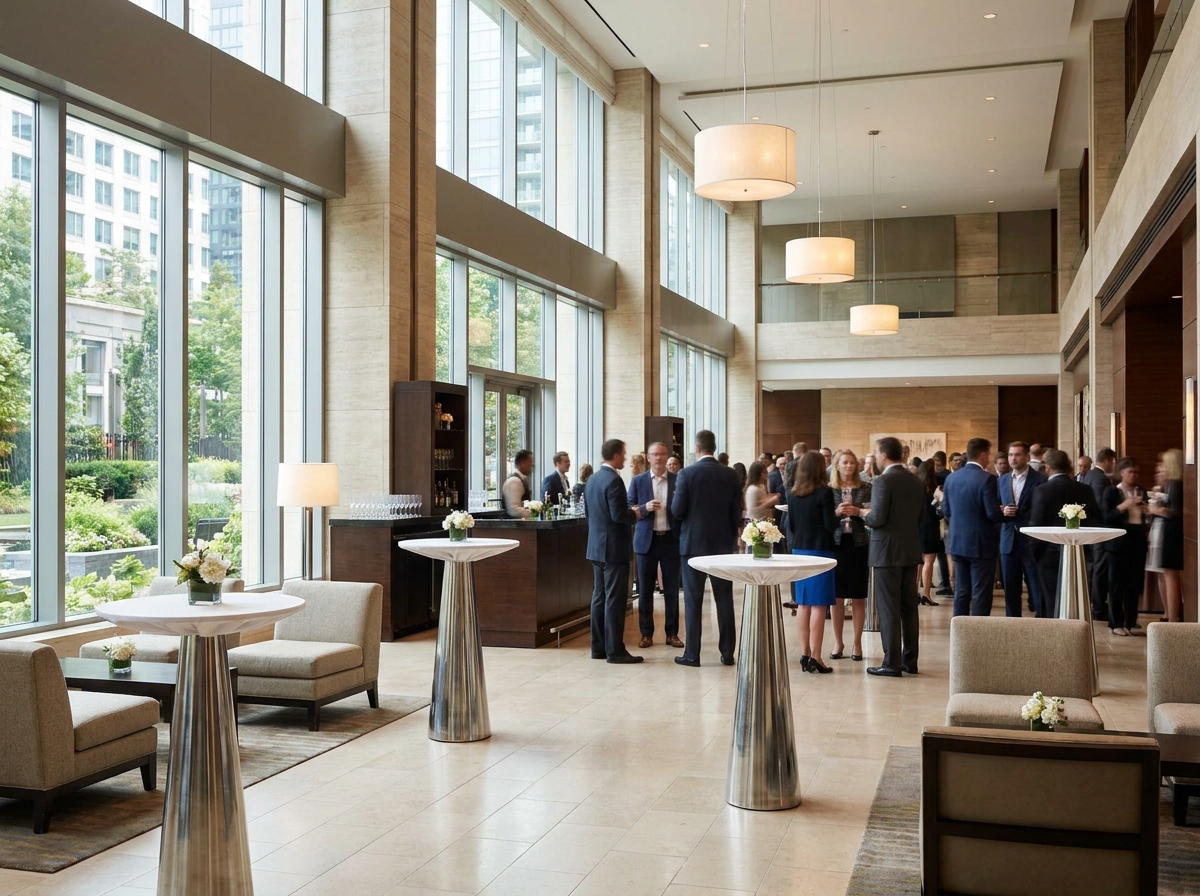 An upscale venue prepared for a real estate networking reception.