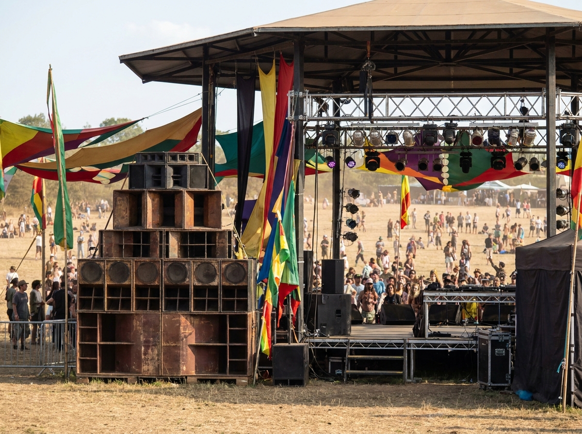 A professional sound system set up for a live reggae music event.