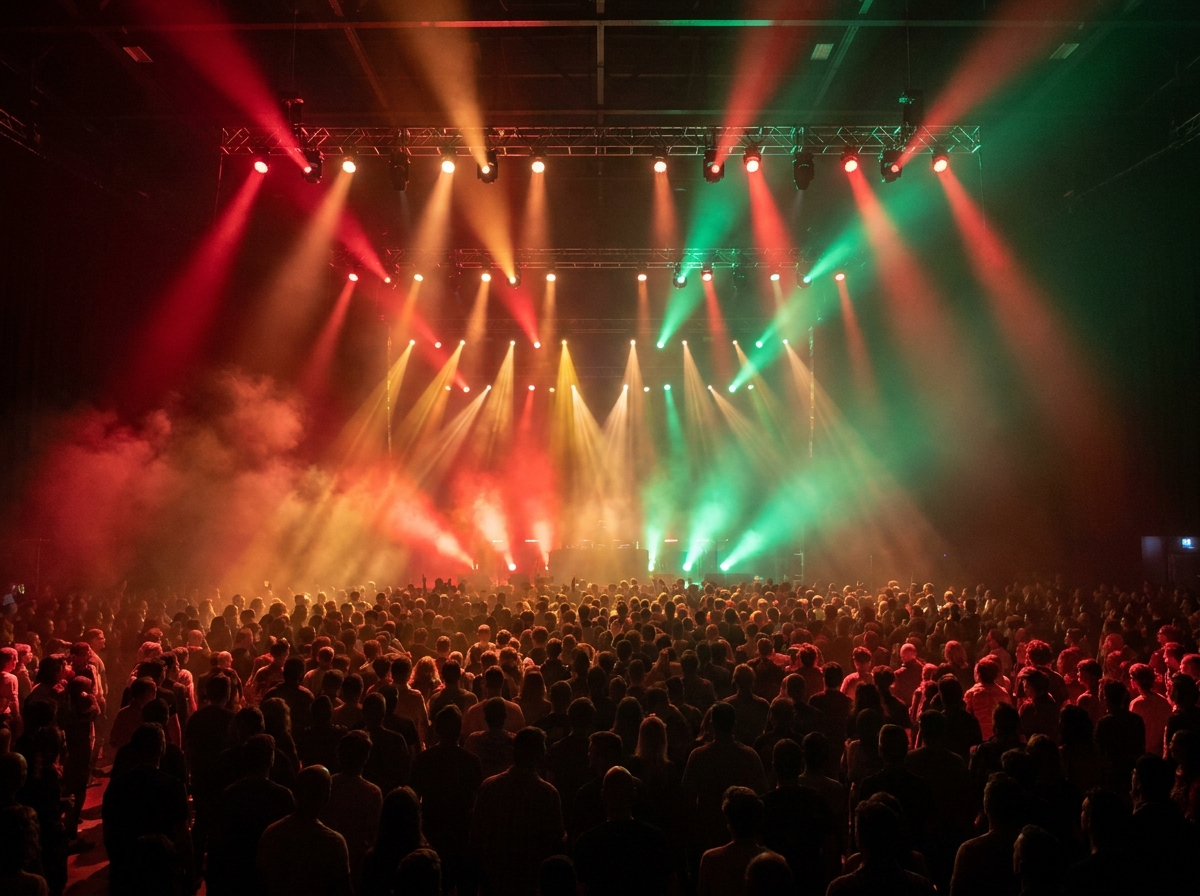 Vibrant red, gold, and green stage lights at a reggae concert.