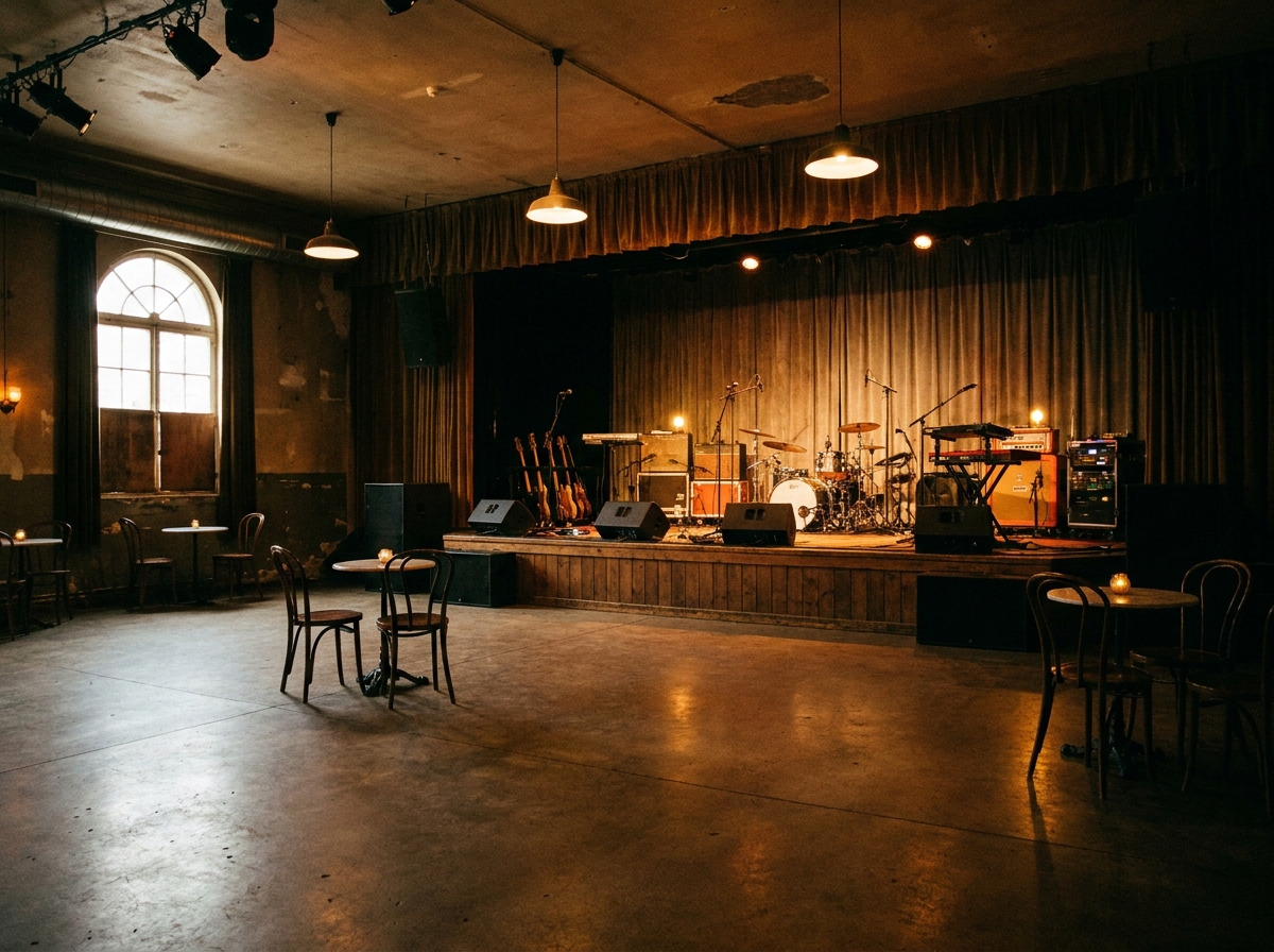 An empty music club with instruments on stage, set for a reggae show.