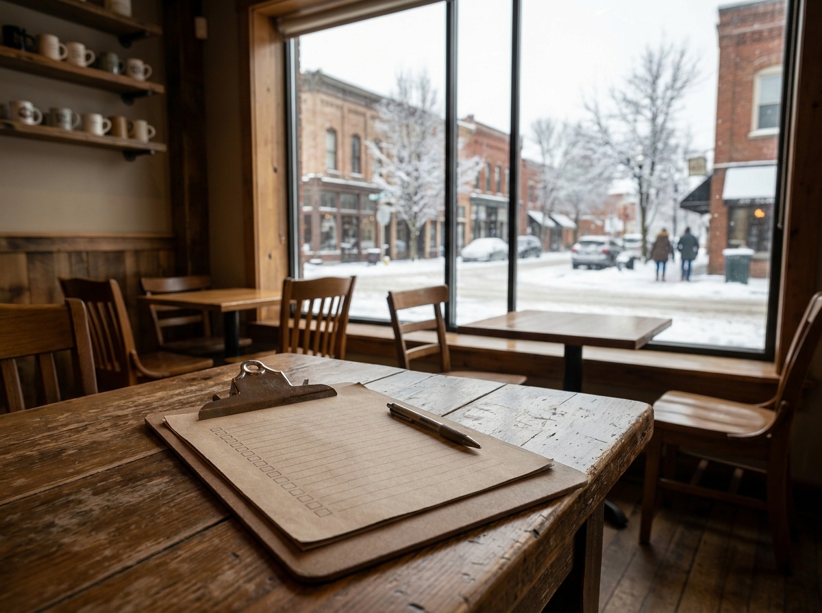 Event planning checklist on a clipboard in a Regina cafe.