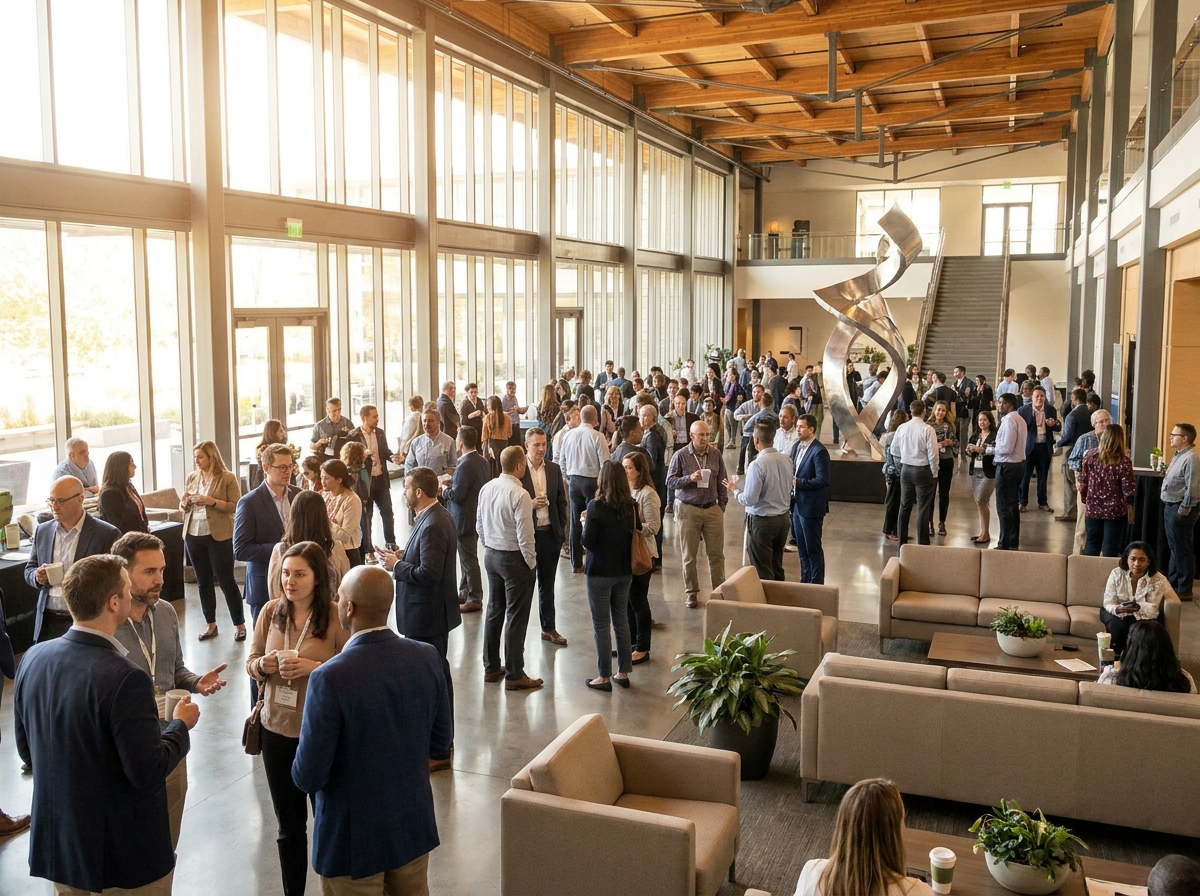 Attendees networking in a bright lobby during a religious convention.