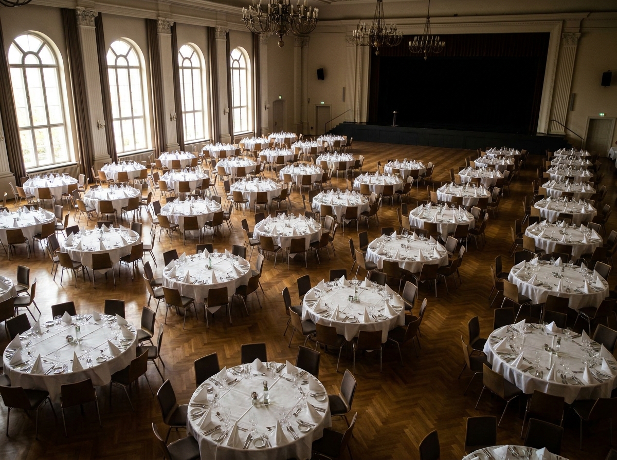 A large hall prepared for a meal at a religious conference.