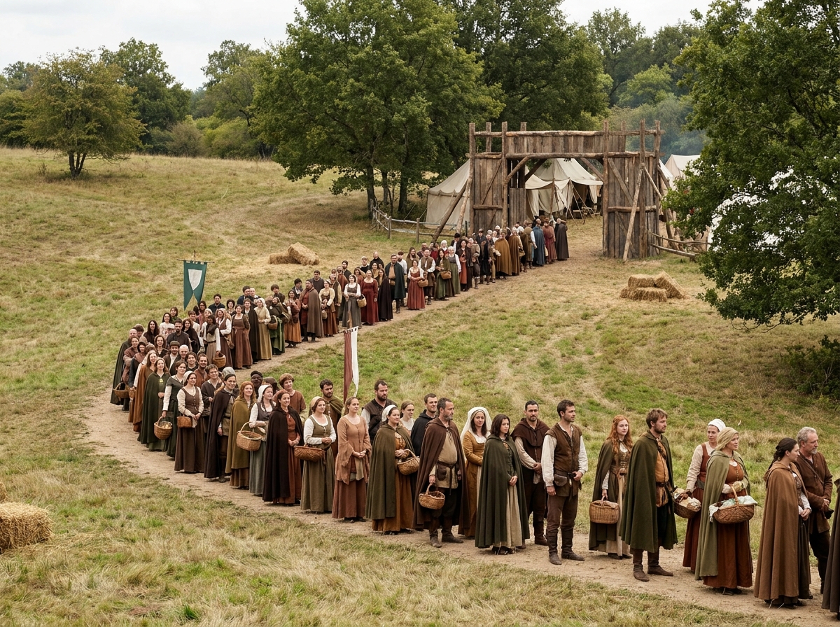 A large crowd in costume lining up for a Renaissance event.