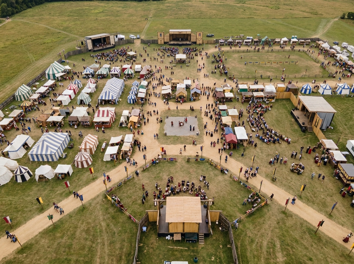 An aerial view of an organized Renaissance event layout.