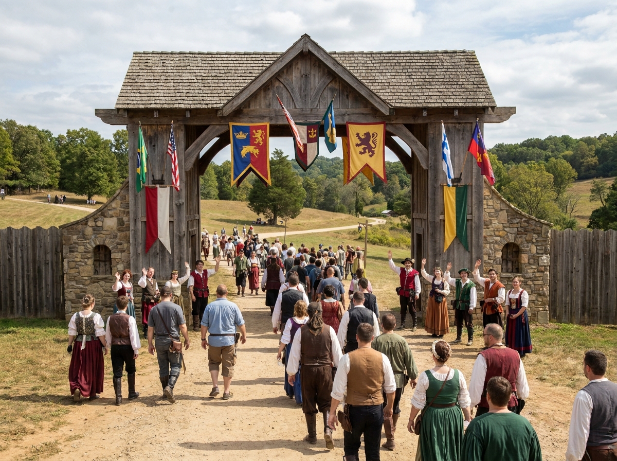 The entrance gate of a Renaissance faire prepared for attendee check-in.