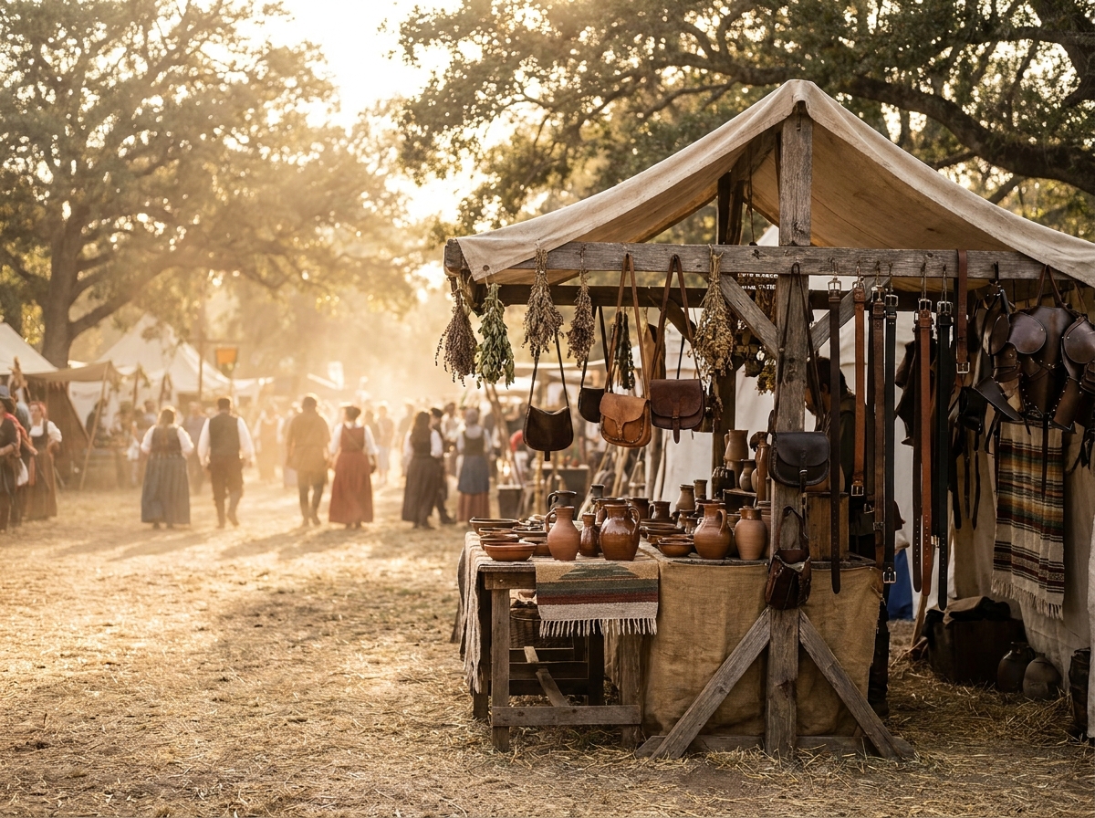 An artisan's stall filled with crafts at a Renaissance event.