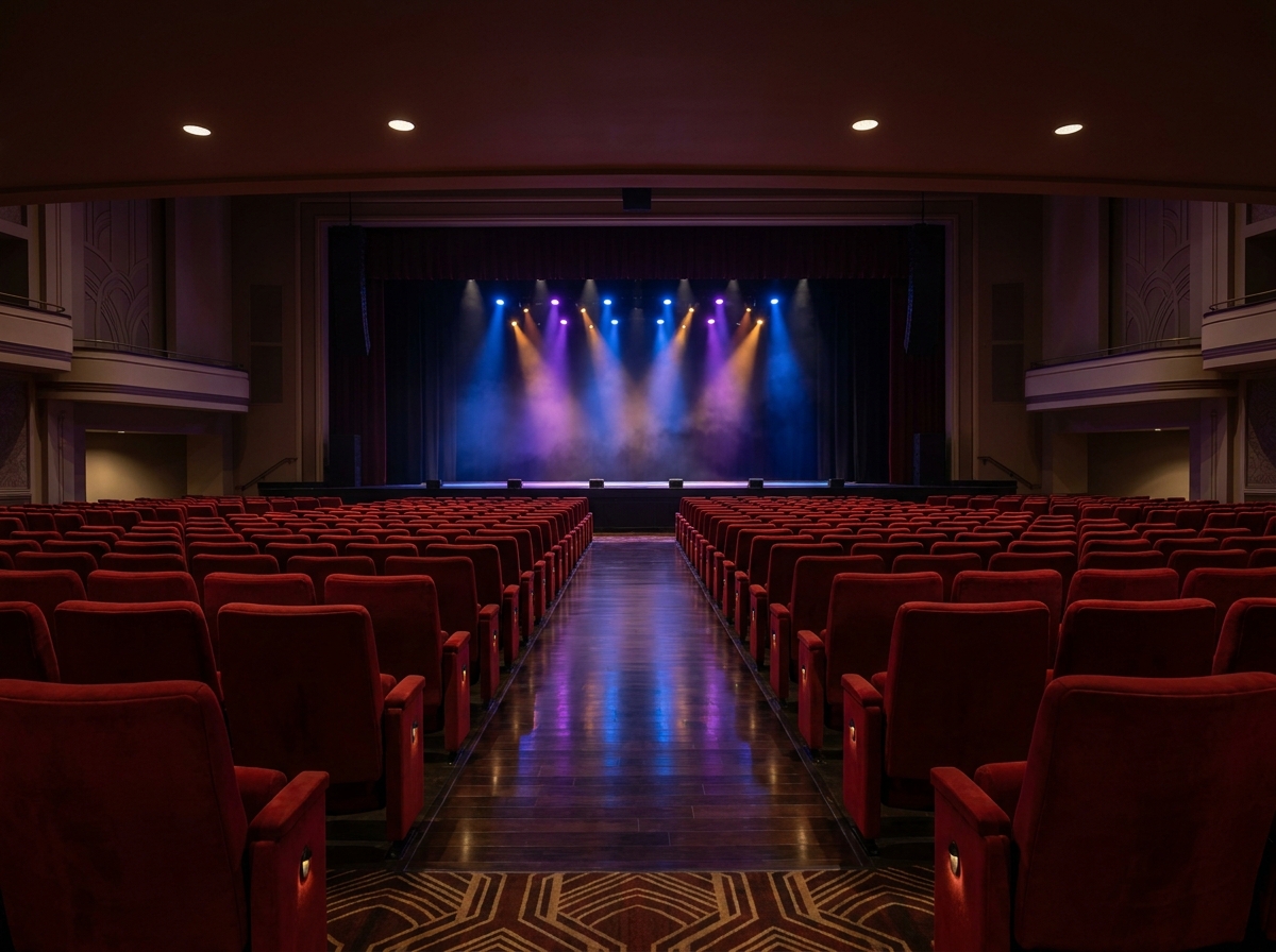 Empty seats facing a brightly lit stage at a modern comedy venue in Reno.