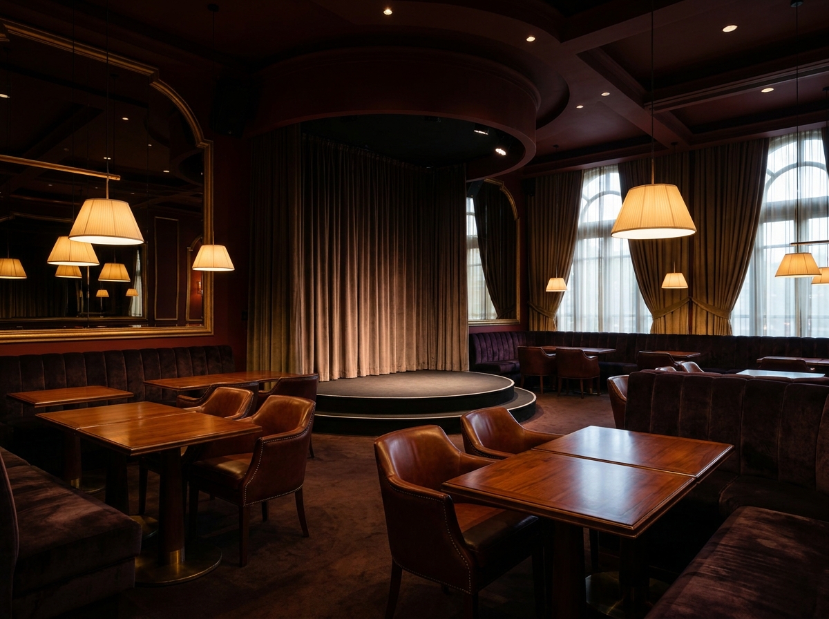 An empty, upscale lounge set up for a comedy performance in Reno.