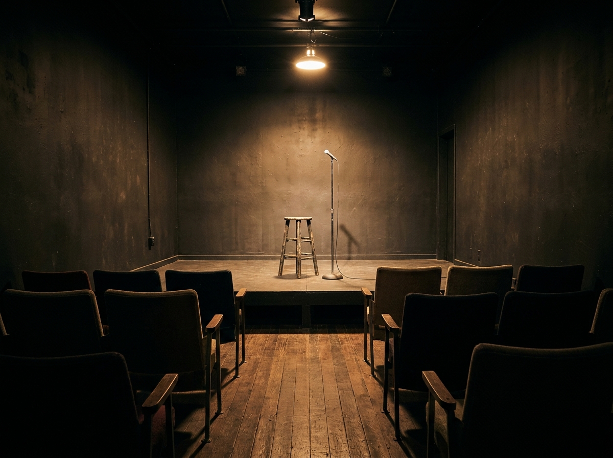 A stage prepared for a stand-up comedy show in a Reno theater.