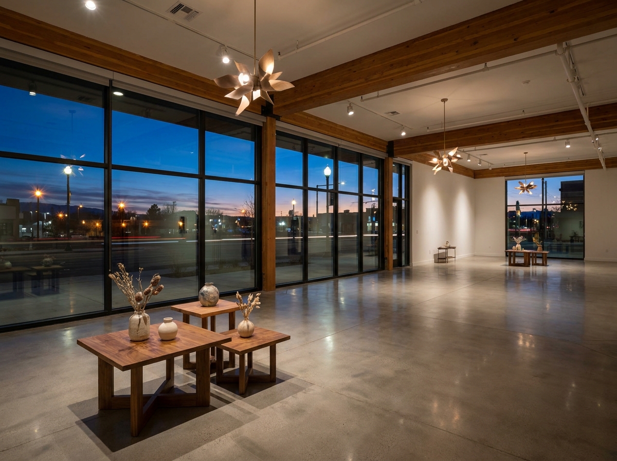 An empty art gallery space in Reno set up for an evening event.