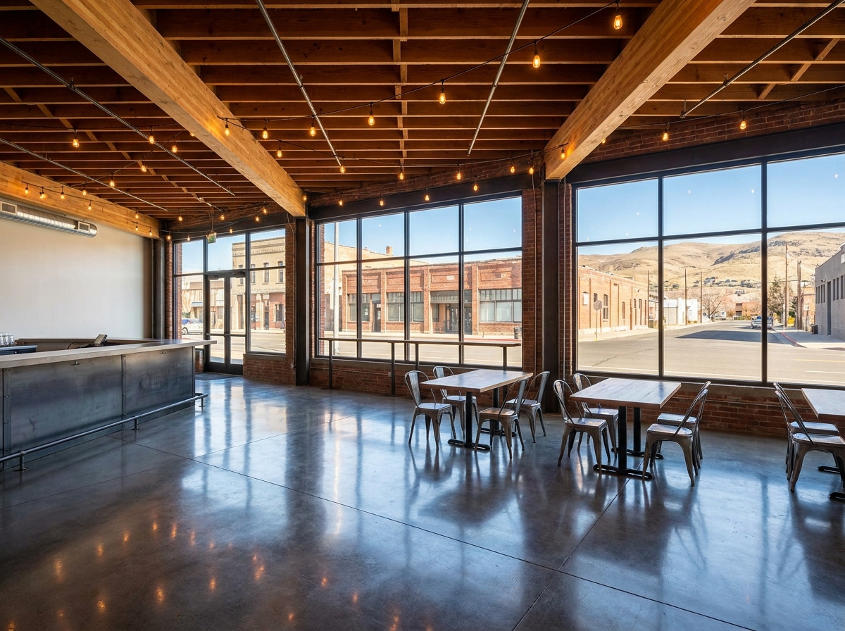 The interior of an empty, modern brewery in Reno ready for an event.
