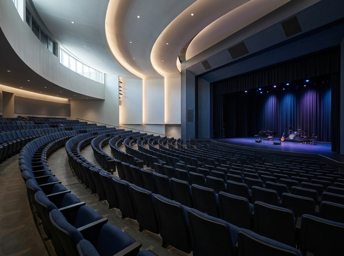 Empty tiered seating in a modern Reno performance venue.