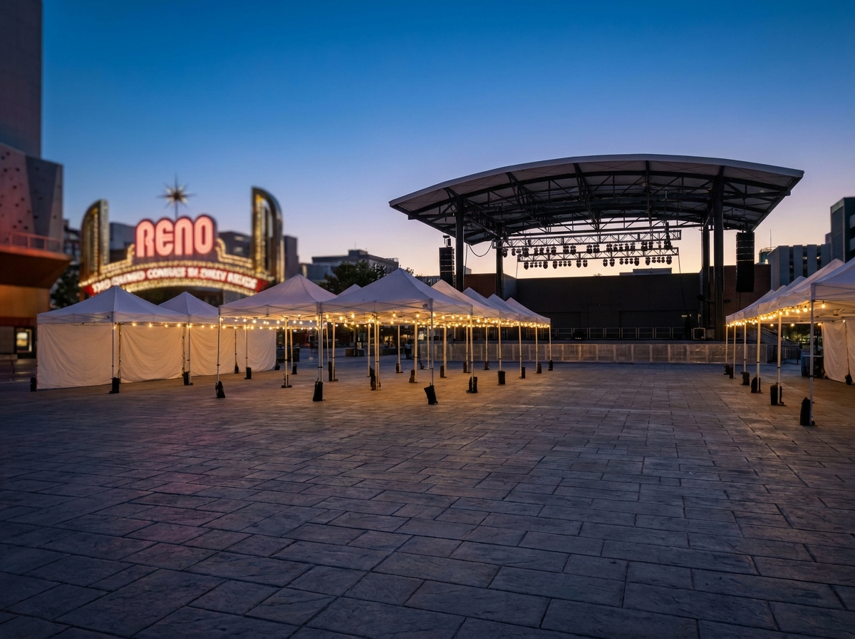 An empty plaza in downtown Reno prepared for a large festival.