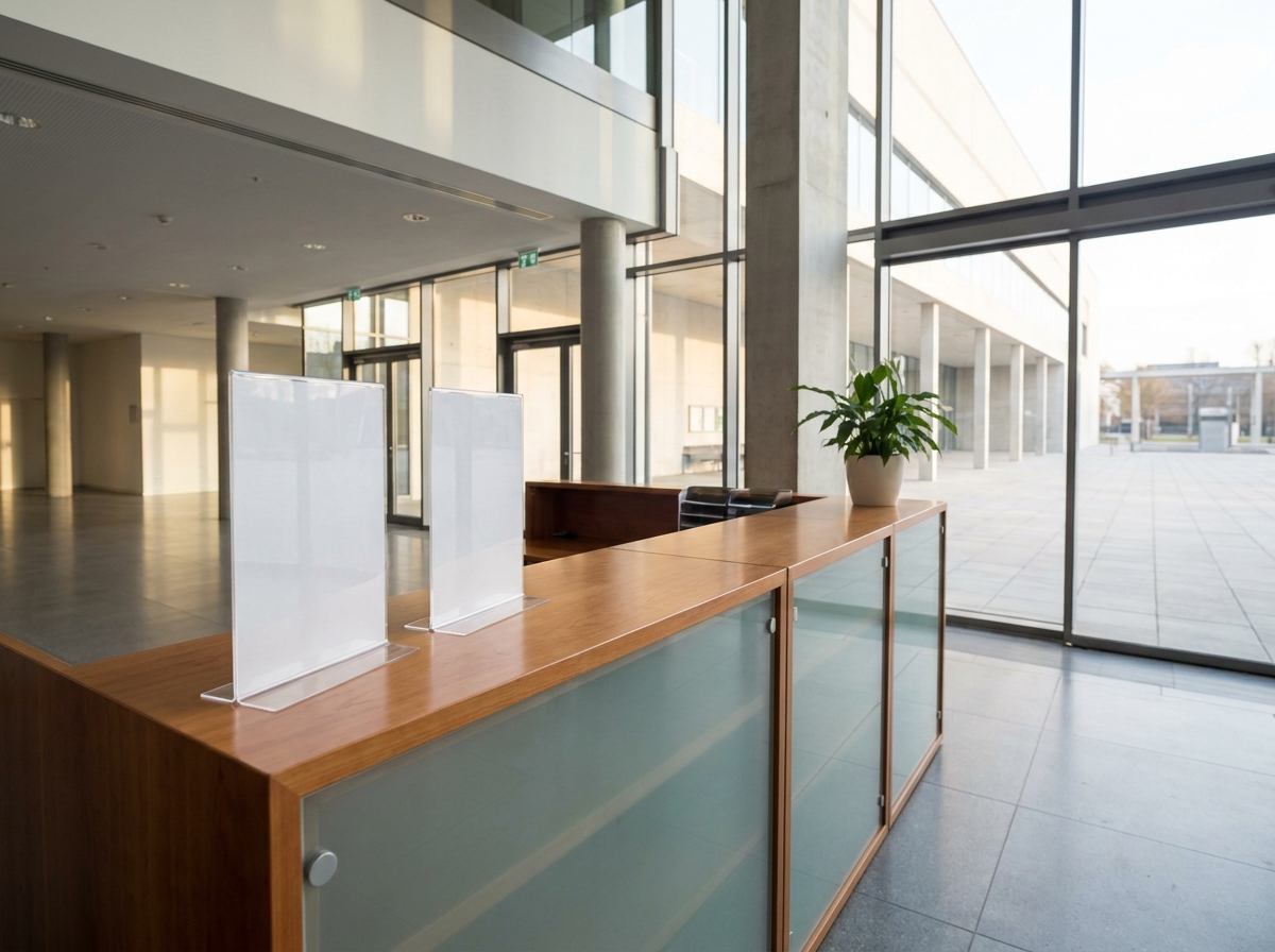An empty registration area prepared for a professional networking event.