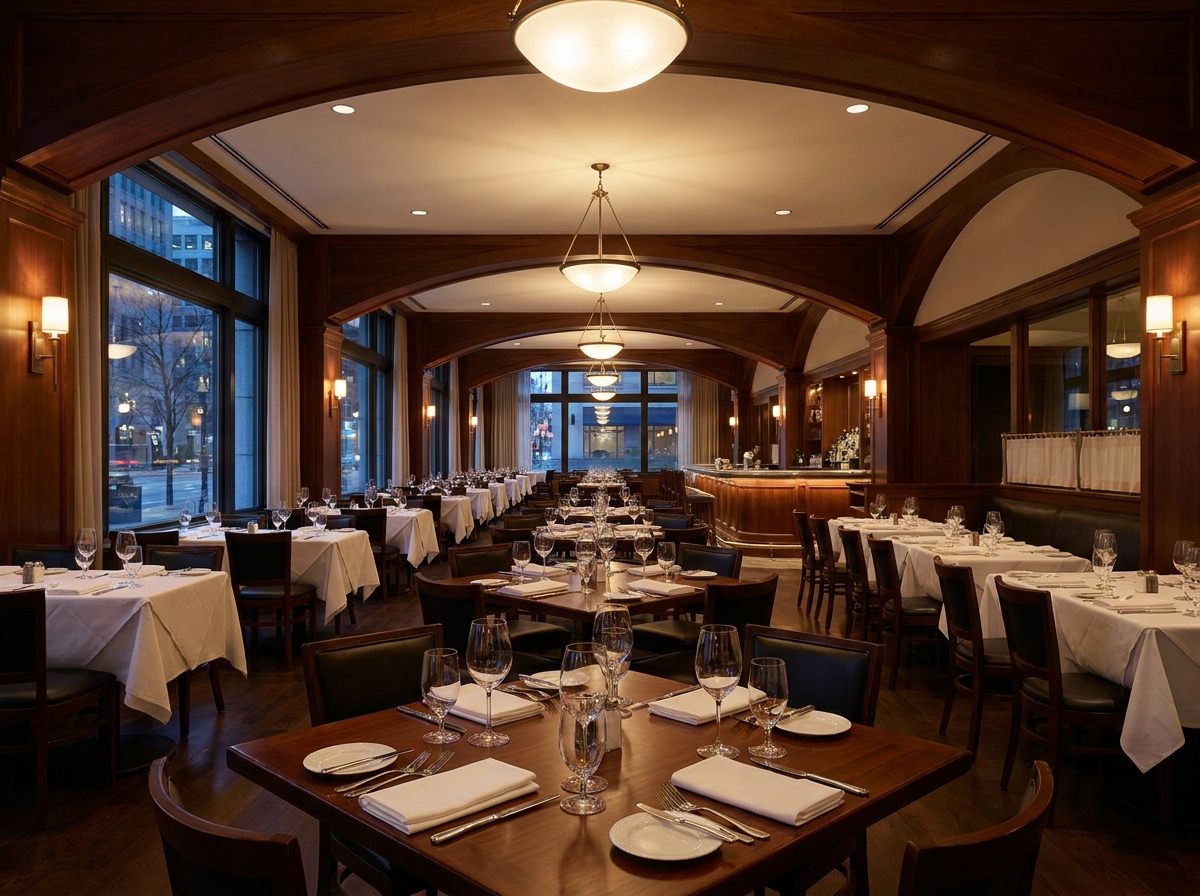 An upscale restaurant space prepared for an evening networking mixer.