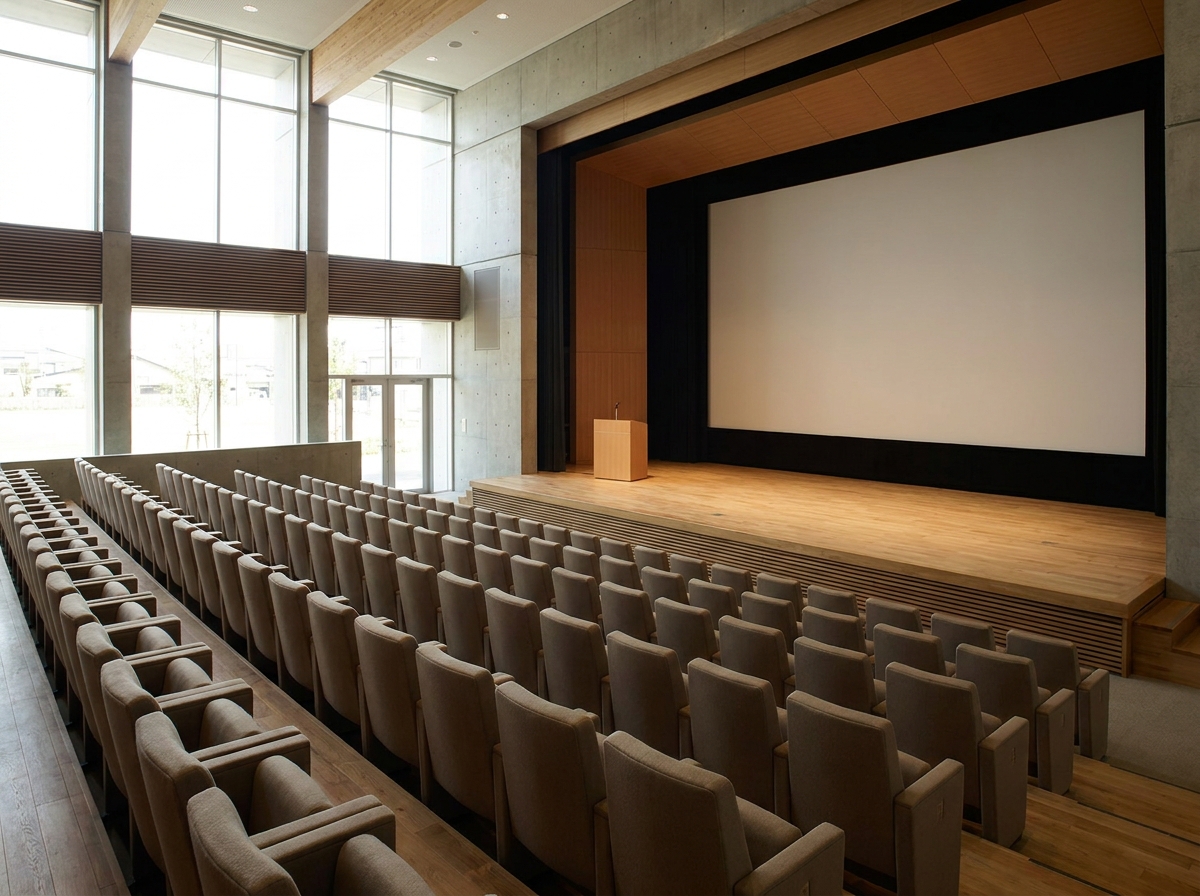 An empty auditorium set up for a professional conference or speaker event.