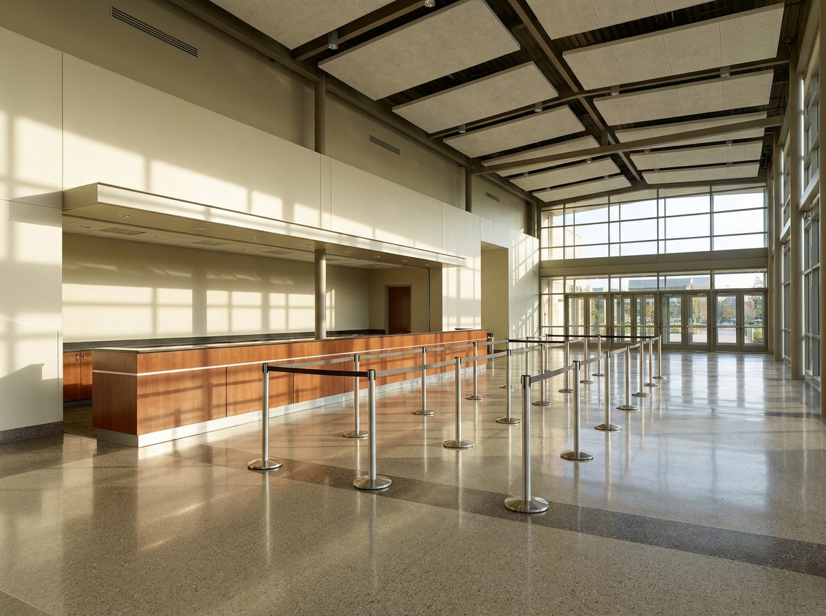 An empty, professional registration area for a Republican Party convention.