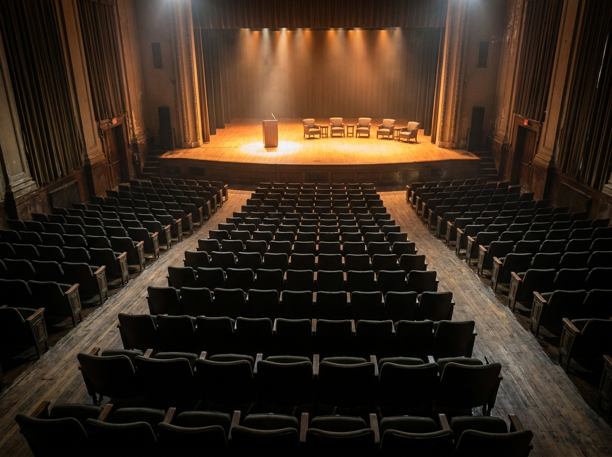 An empty auditorium stage set for a Republican Party town hall event.