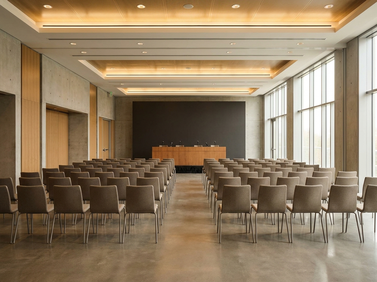 An empty press conference room prepared for a Republican Party event announcement.
