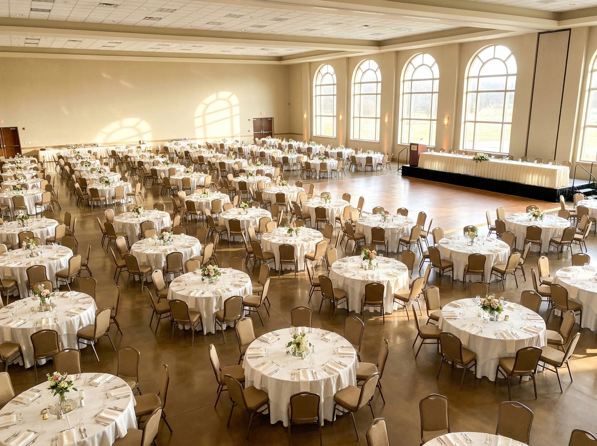 A banquet hall prepared for a large reunion dinner, with tables set and ready for guests.