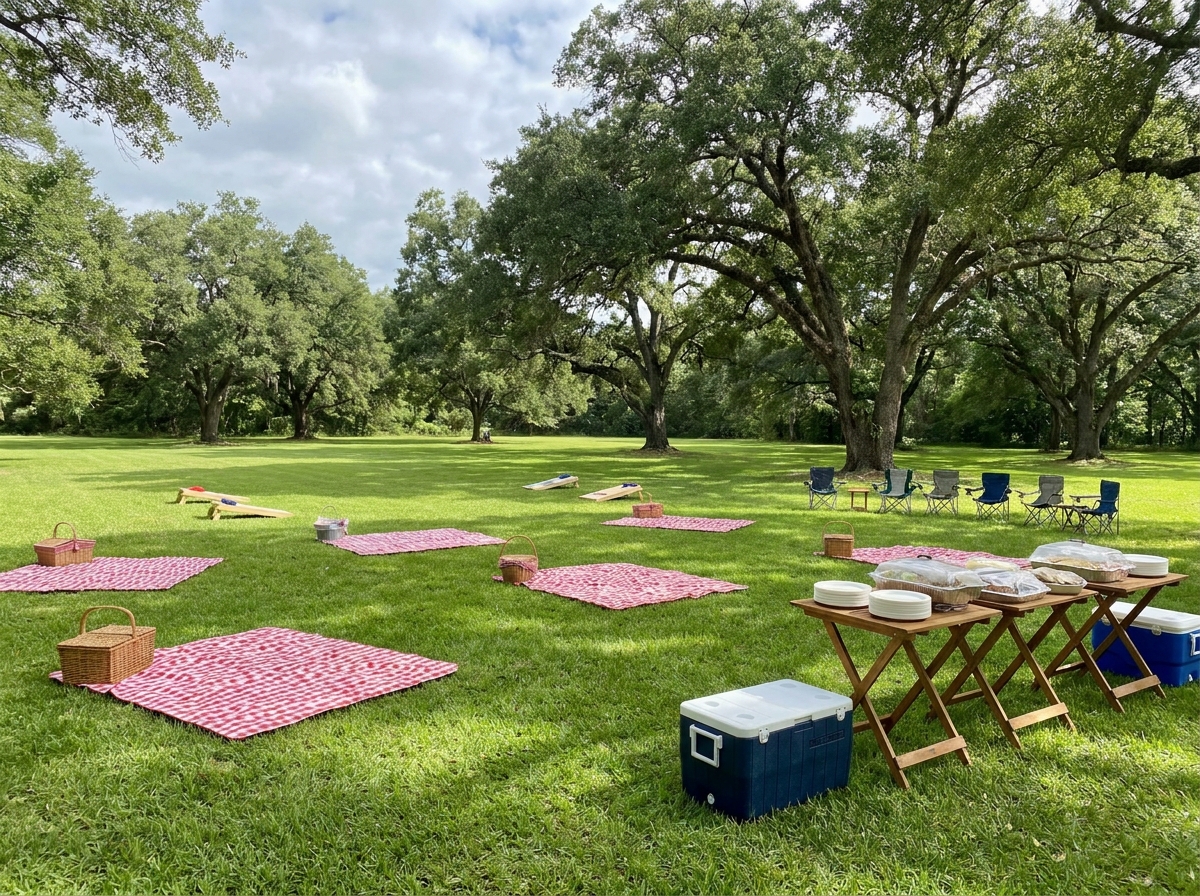 A park lawn set up with picnic blankets for a casual and fun family reunion.