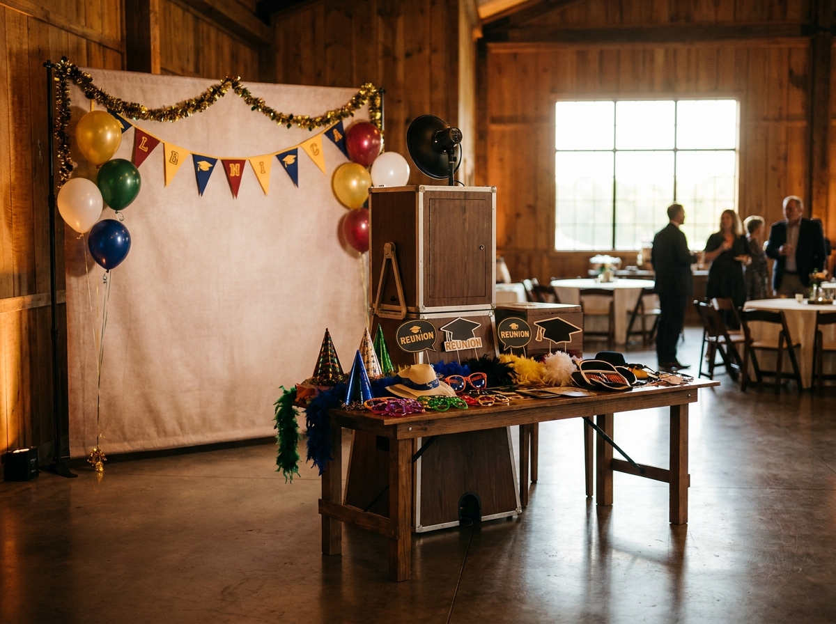 A photo booth set up and ready for guests to capture memories at a reunion event.
