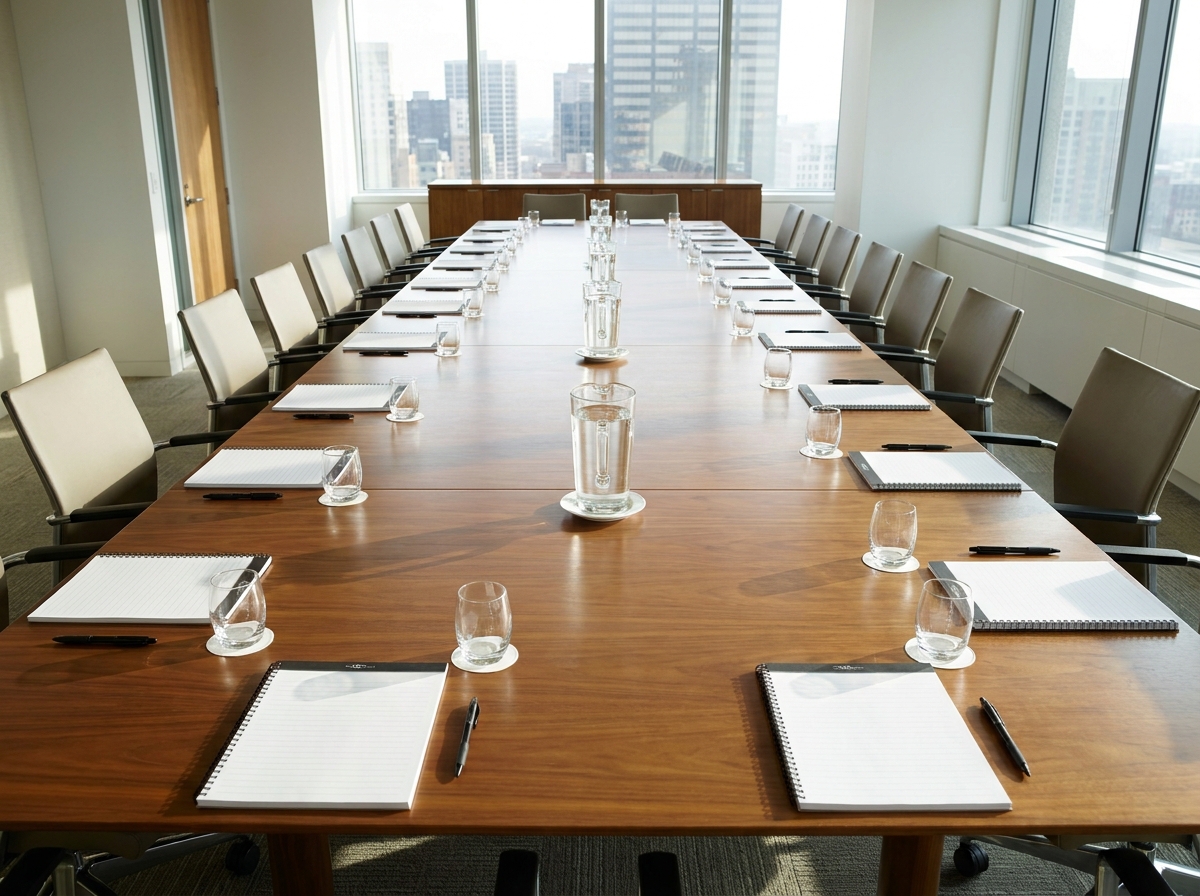 A conference room table prepared for a business event.