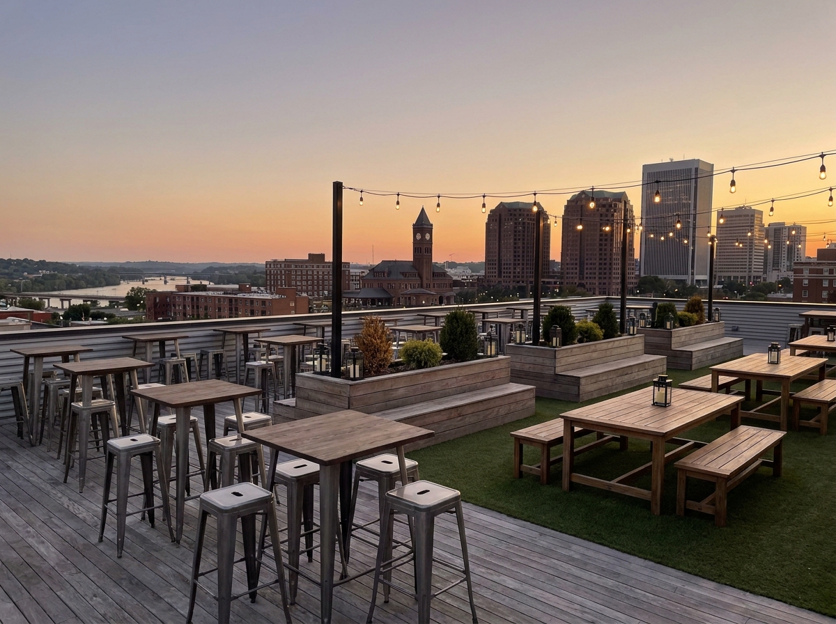 A rooftop venue in Richmond set for a networking event at sunset.