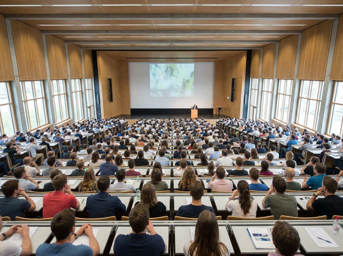 A packed lecture hall during a robotics conference presentation.