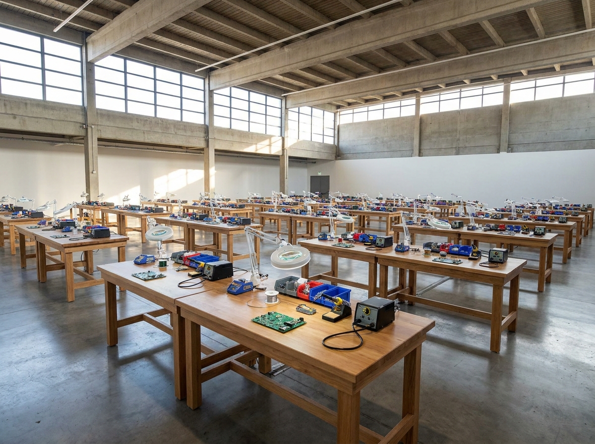 A workshop room prepared for a hands-on robotics building session.