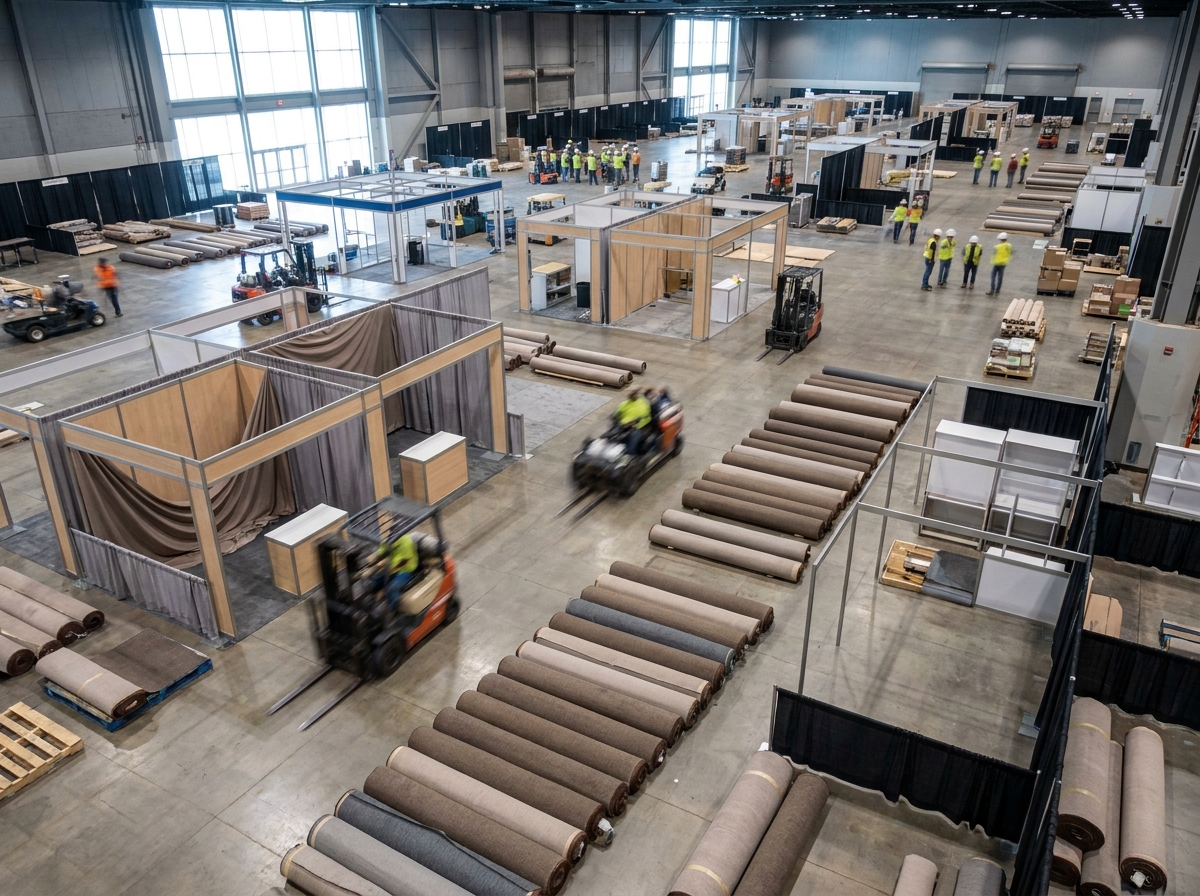 An empty expo hall being set up for a large robotics event.