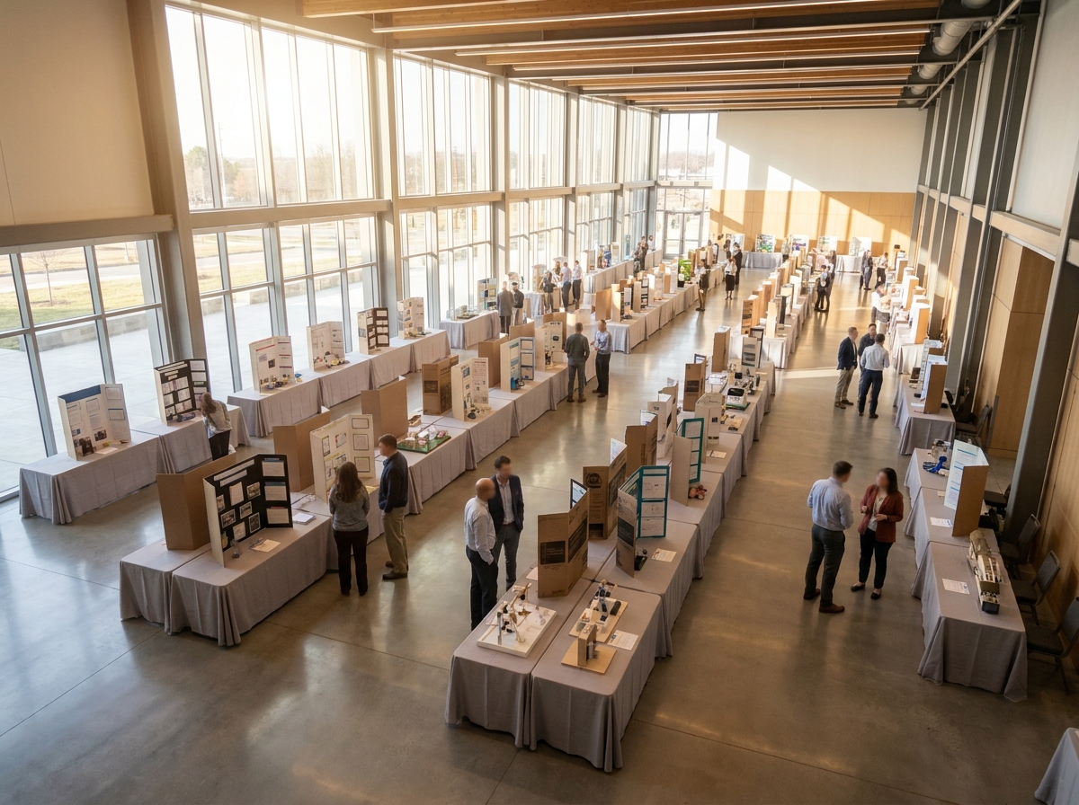 Attendees browsing project displays at a large science fair.