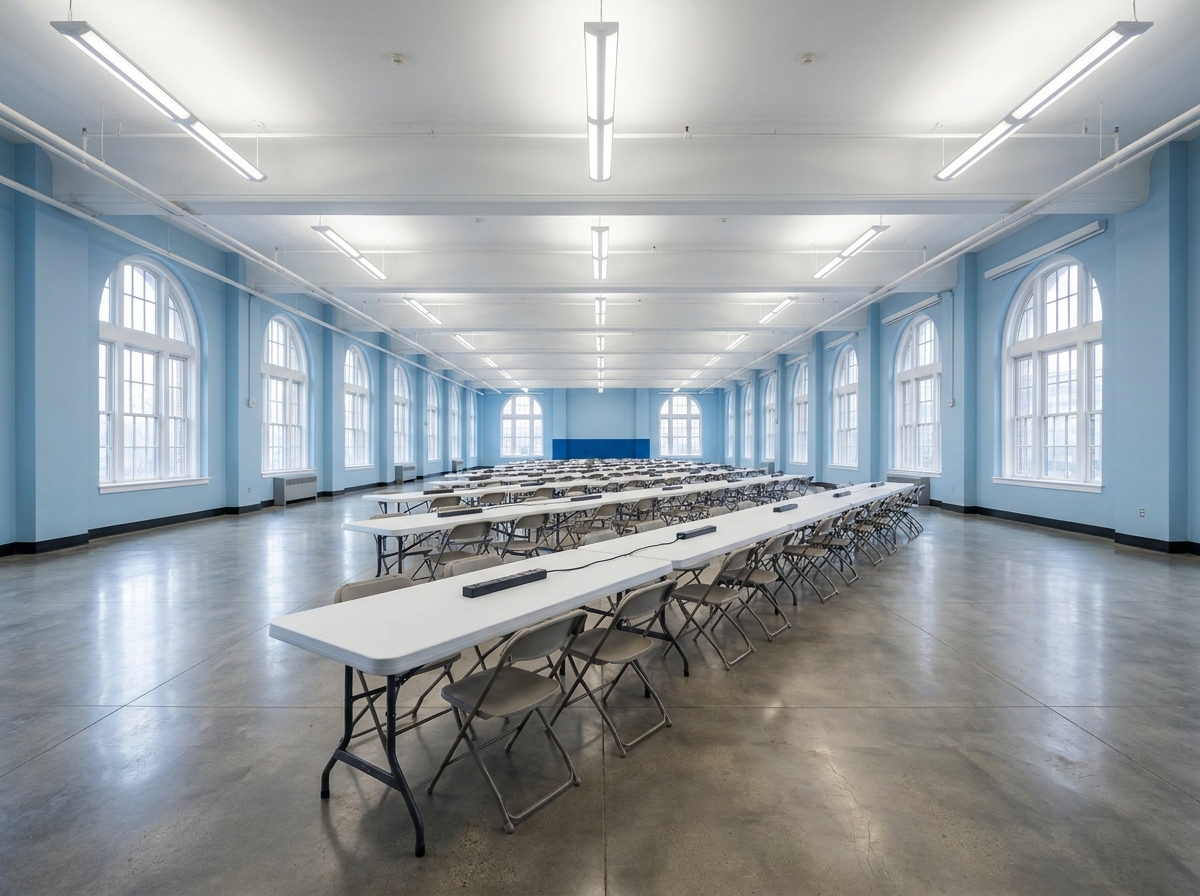 An empty venue prepared with tables and chairs for a robotics event.