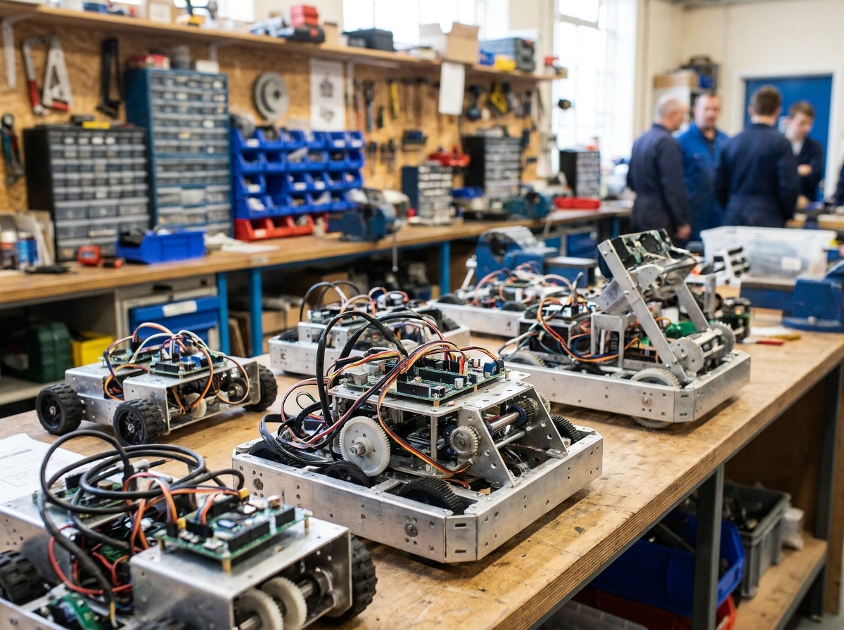 Several custom-built robots on display at a STEM competition.