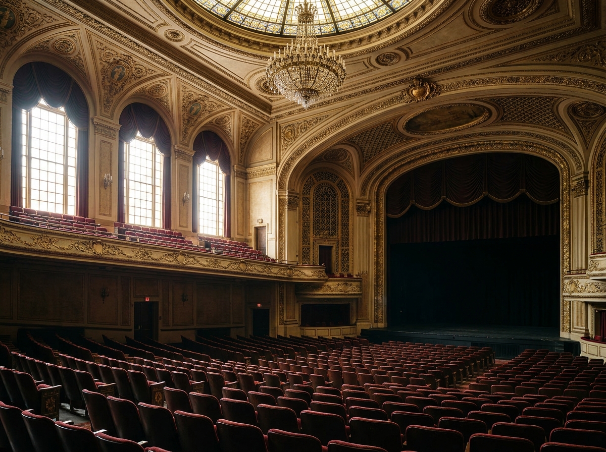 An elegant, empty theater in Rochester prepared for a live event.