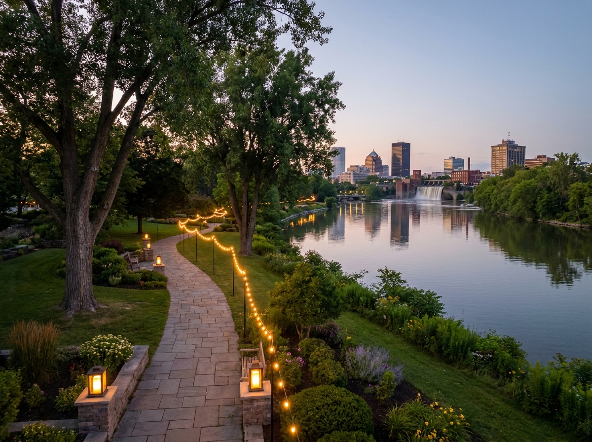 A park in Rochester set up with lights for an evening festival.
