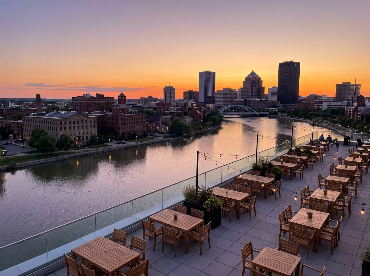 An empty rooftop venue in Rochester prepared for a corporate event at sunset.