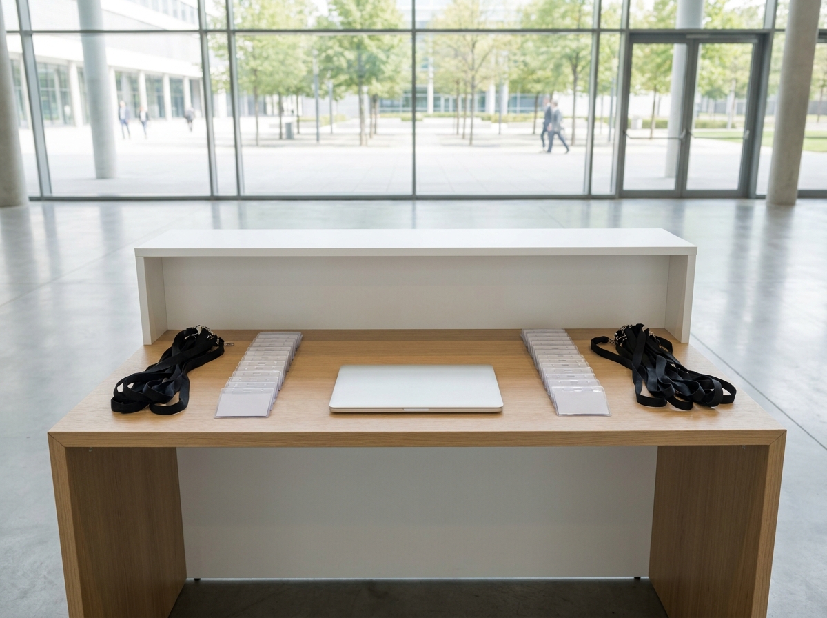 An empty registration desk prepared for a professional event.