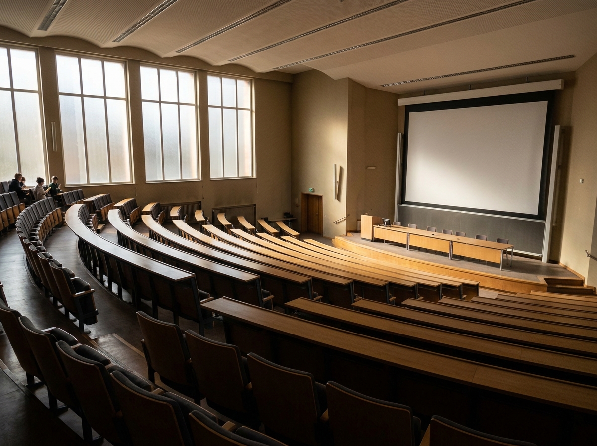 An empty auditorium stage set for a business panel in Rochester.