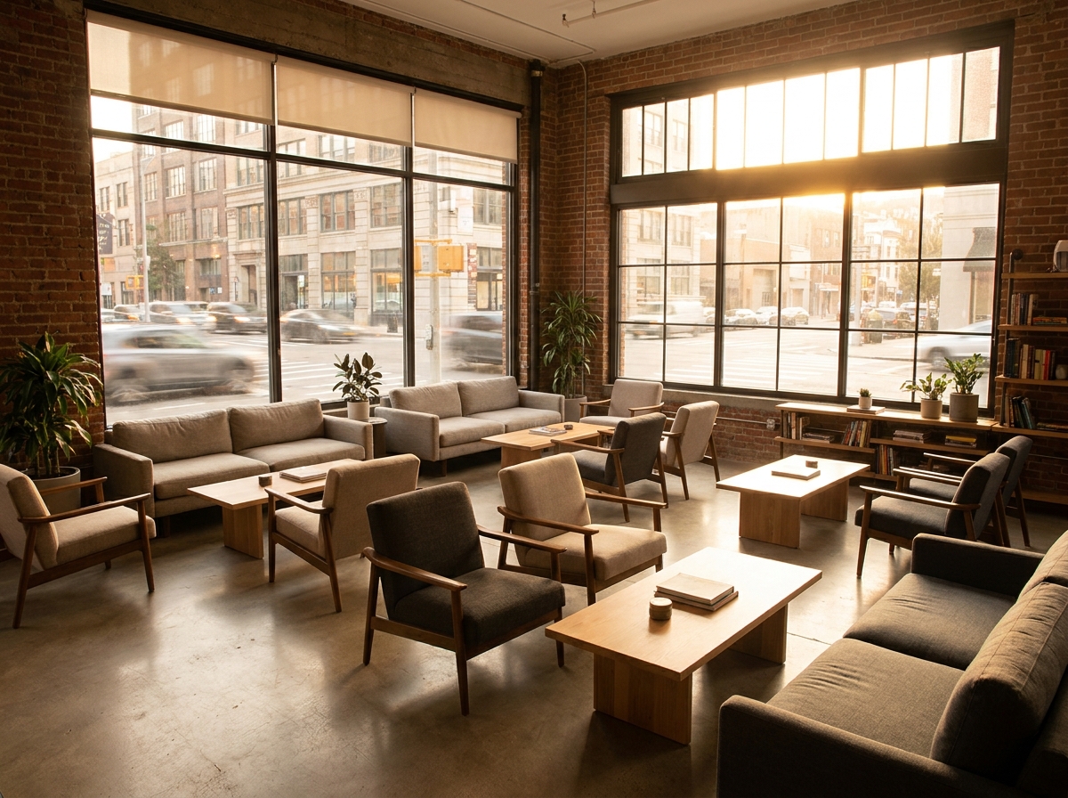 An empty coworking lounge in Rochester set up for a networking event.